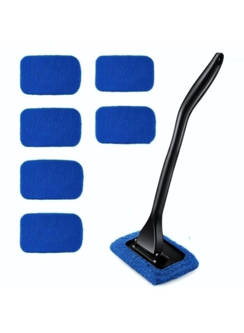 Car Windshield Cleaning Tool, Upgraded Windshield Cleaner with 6 Washable and Reusable Microfiber Pads and 1 ps spray bottle and Extendable Handle for Auto Glass Wiper, Blue